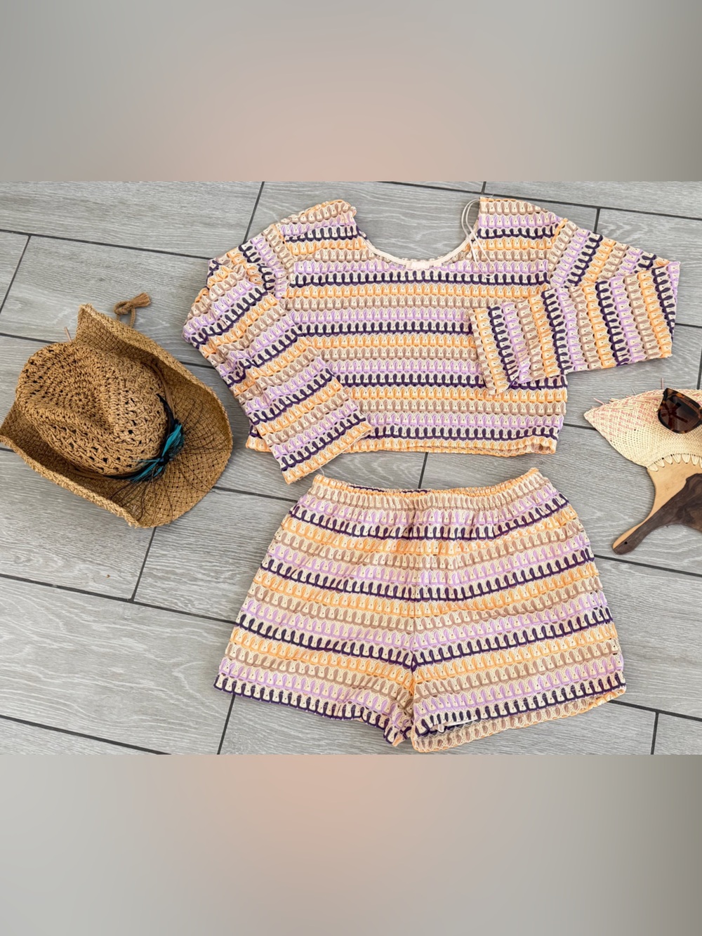 Handmade Crochet Two-Piece Set in Pastel Peach & Lavender